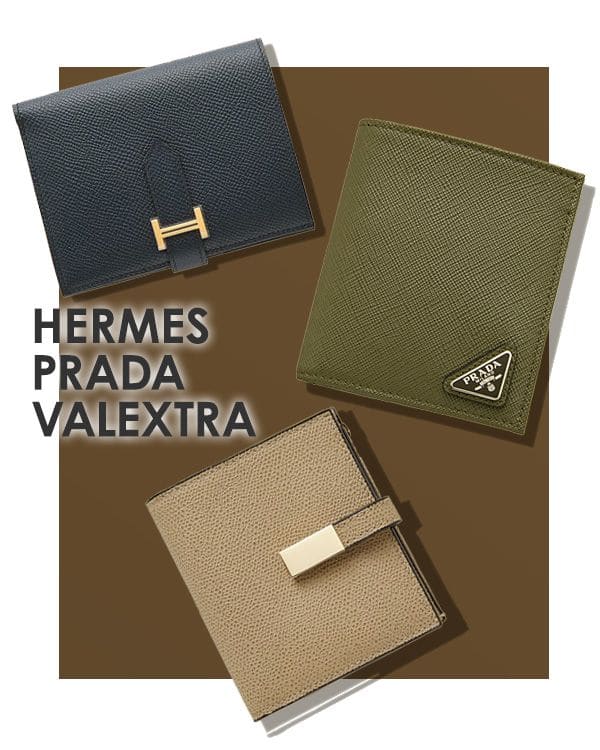 上、エルメス ベアンコンパクト(ネイビー)／中、プラダ サフィアーノレザー トライアングル ウォレット(グリーン)／下、ヴァレクストラ スナップ ウォレット 二つ折り財布(グレー)