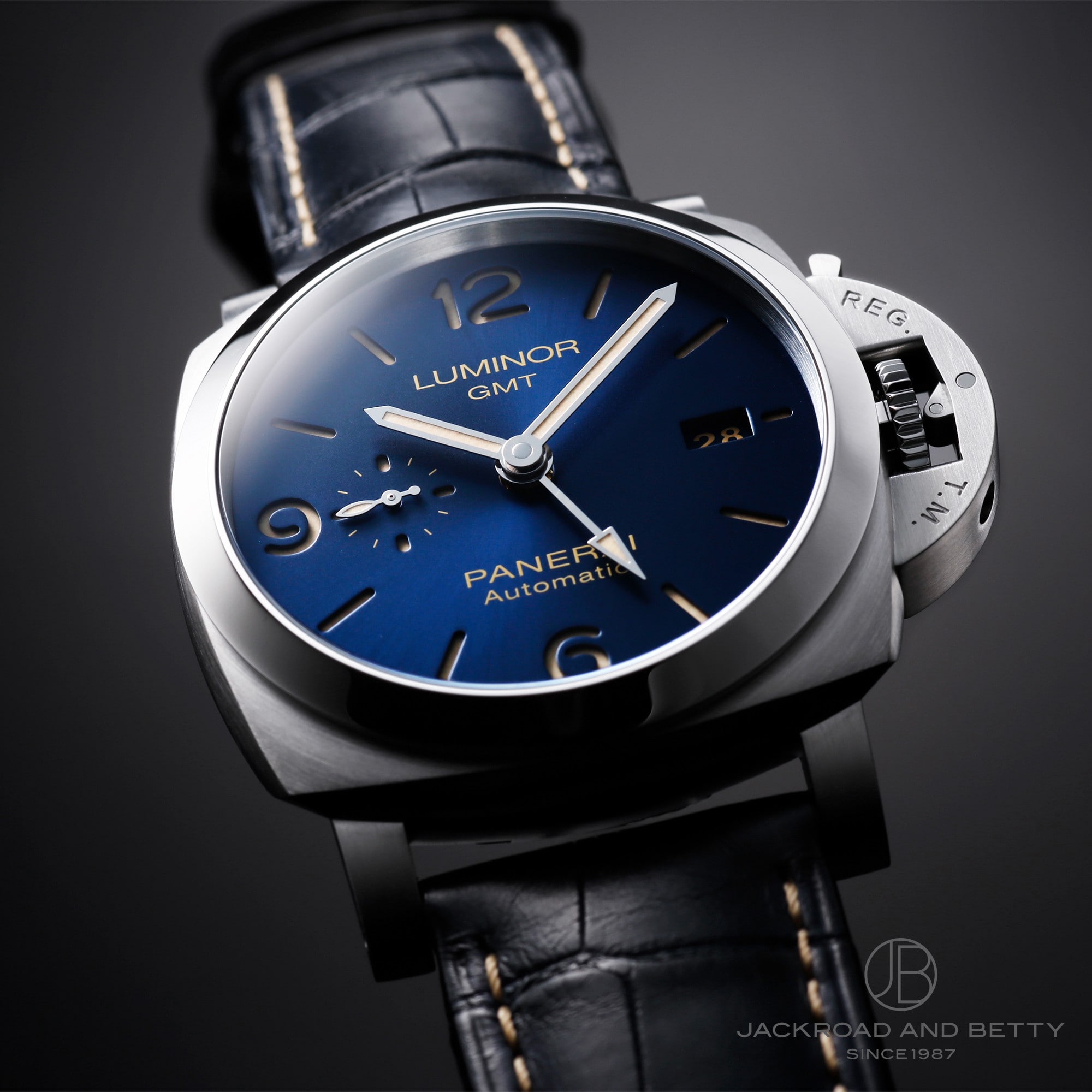 【替えベルト2本付き】OFFICINE PANERAI オフィチーネ パネライ　ルミノール　GMT　44ｍｍ　PAM01033　自動巻き　デイト　スモールセコンド　SS　革ベルト　ラバー　ブルー　ブラック　メンズ　腕時計松前R56号店