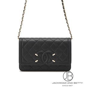 CHANEL ブラックレザー チェーンウォレット バッグ CHANEL シャネル CHAIN WALLET BAG チェーンウォレット